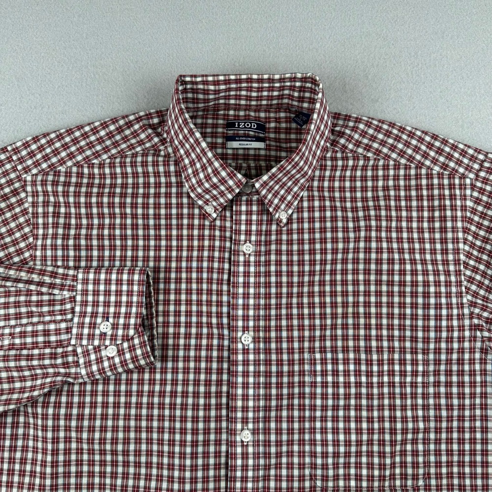 IZOD Button Down Shirt Mens L Burgundy White Plaid All-Over Stretch Regular Fit